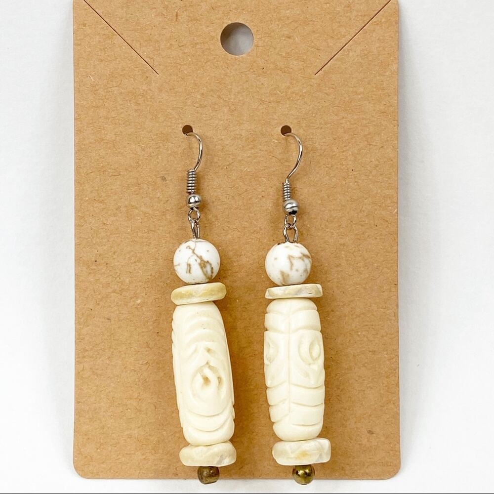 Handmade Carved Cream Bead Earrings